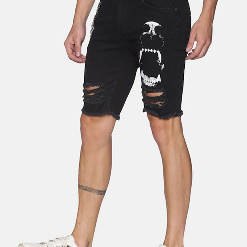 Men Black Slim Fit Printed Denim Shorts