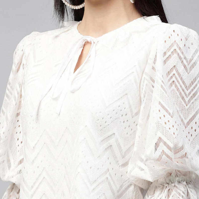 White Tie-Up Neck Puff Sleeves Lace Top