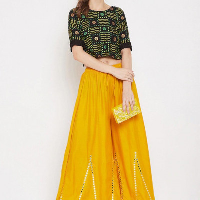 Women Mustard Yellow Embellished Flared Ethnic Palazzo