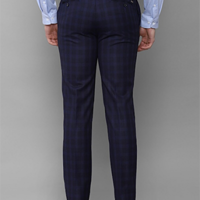 Men Navy Blue Checked Slim Fit Trousers