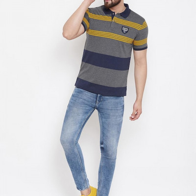 Men Grey Striped Polo Collar T-shirt