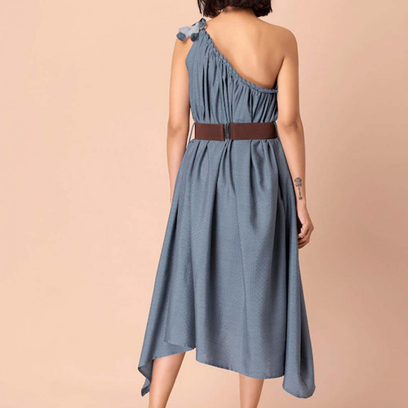 Blue One Shoulder Dress with Leather Belt