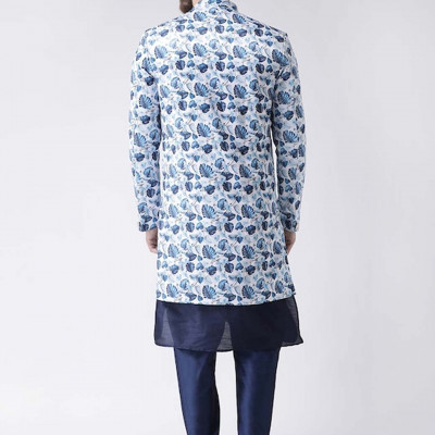 Men Blue & White Printed Sherwani Set